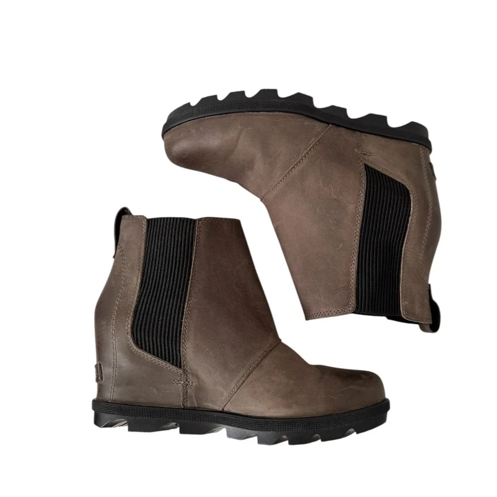 Sorel Joan of‎ Atric Wedge II Ankle Boots Waterproof Leather Brown Gray 9